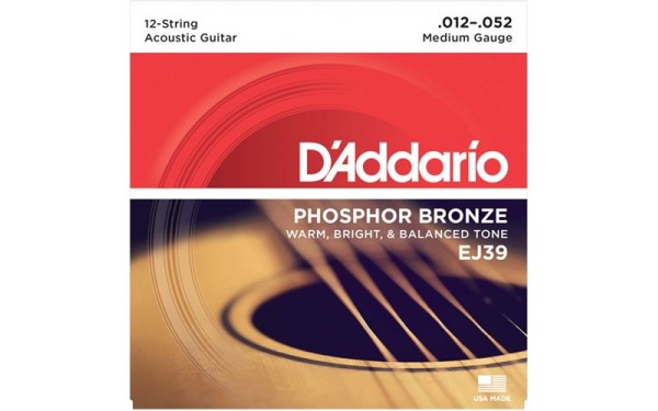 Daddario EJ39, Струни за 12 струнна акустична китара 12-52, Phosphor Bronze