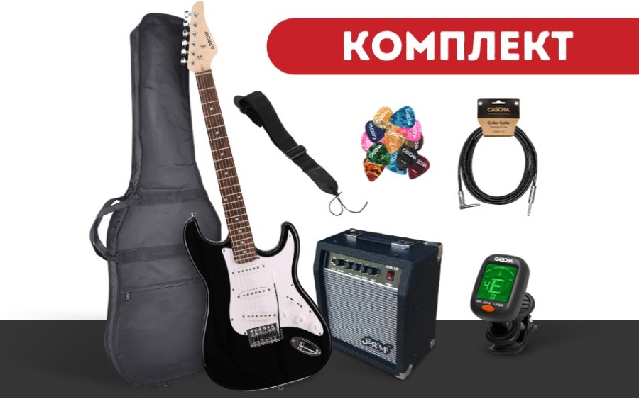 Комплект електрическа китара Arrow Tonecaster ST 111 Abyss Black R/W, Jeremi GA-10