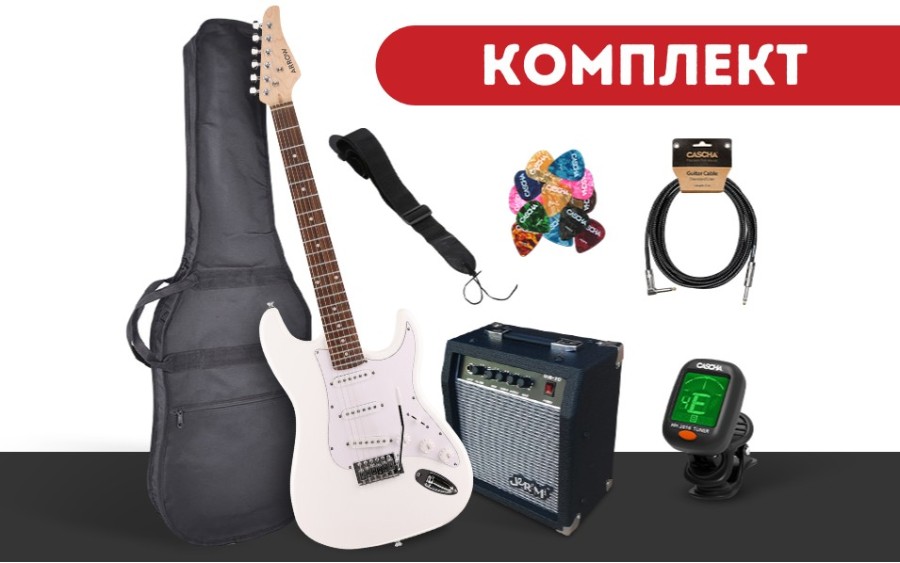 Комплект електрическа китара Arrow Tonecaster ST 111 Snow White R/W, Jeremi GA-10