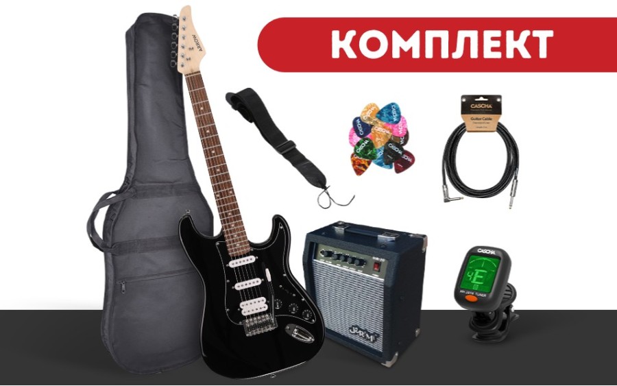 Комплект електрическа китара Arrow Tonecaster ST 211 Abyss Black R/B, Jeremi GA-10