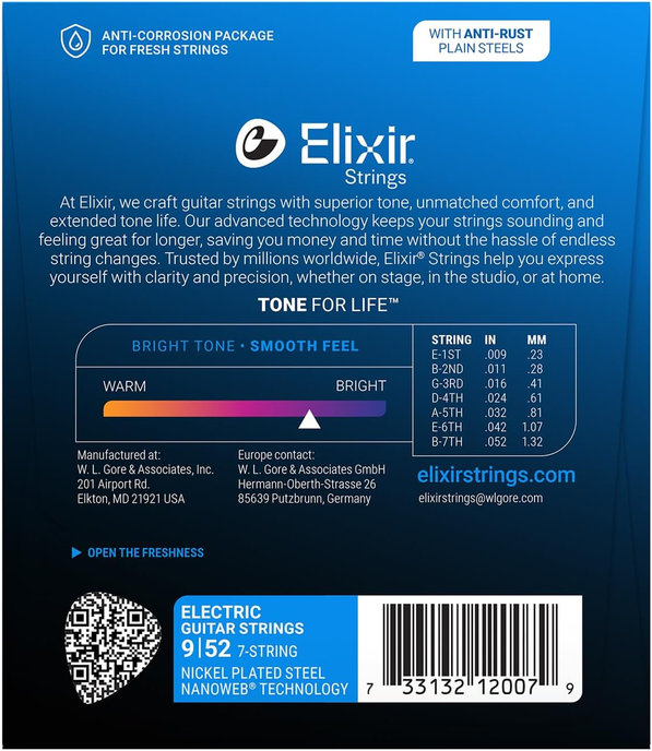 Elixir 12007 NANOWEB Light, Струни за 7 струнна електрическа китара 09-52
