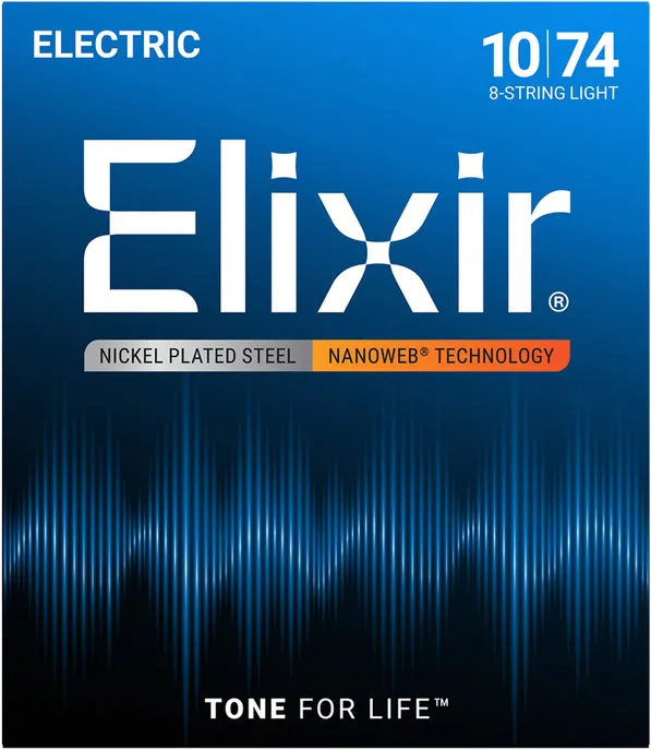 Elixir 12062 NANOWEB Light, Струни за 8 струнна електрическа китара 10-74