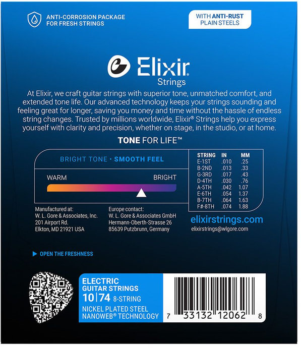 Elixir 12062 NANOWEB Light, Струни за 8 струнна електрическа китара 10-74