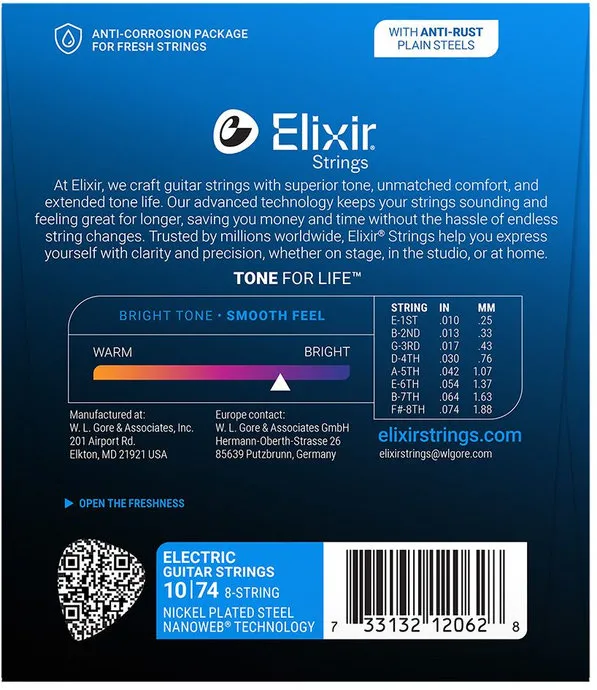 Elixir 12062 NANOWEB Light, Струни за 8 струнна електрическа китара 10-74