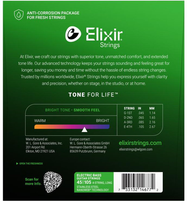 Elixir 14677 NANOWEB Medium Long Scale, Струни за 4 струнна бас китара 45-105