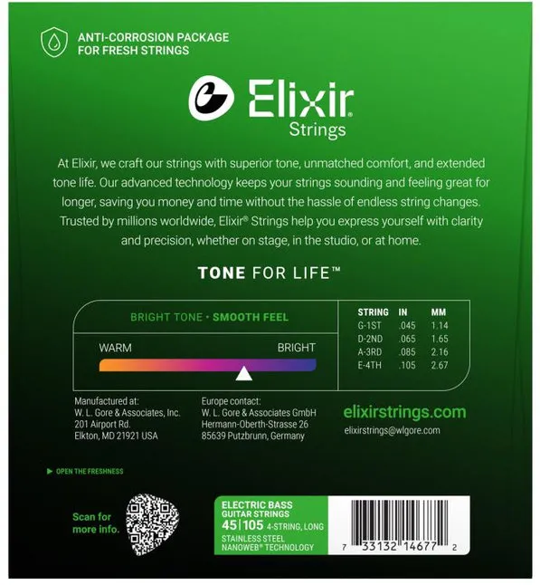 Elixir 14677 NANOWEB Medium Long Scale, Струни за 4 струнна бас китара 45-105