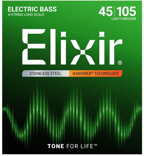Elixir 14677 NANOWEB Medium Long Scale, Струни за 4 струнна бас китара 45-105