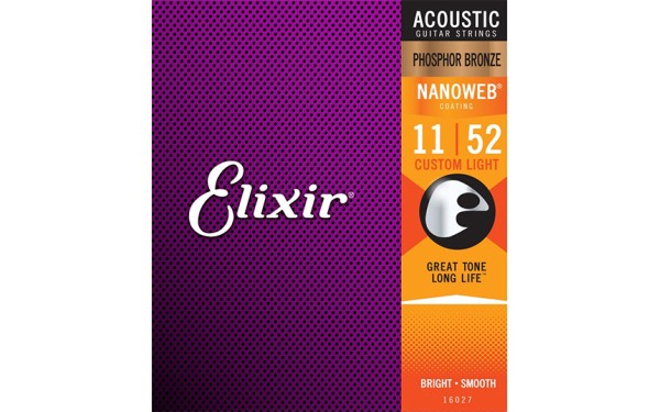 Elixir 16027 NANOWEB Custom Light, Струни за акустична китара 11-52, Phosphor Bronze