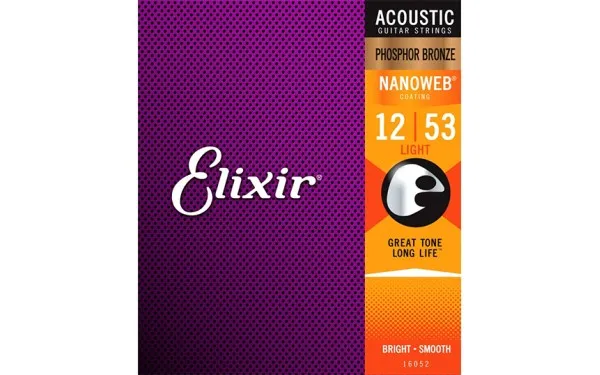 Elixir 16052 NANOWEB Light, Струни за акустична китара 12-53, Phosphor Bronze