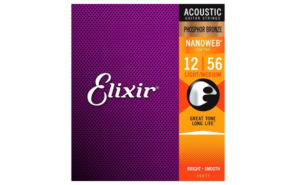 Elixir 16077 NANOWEB Light/Medium, Струни за акустична китара 12-56, Phosphor Bronze