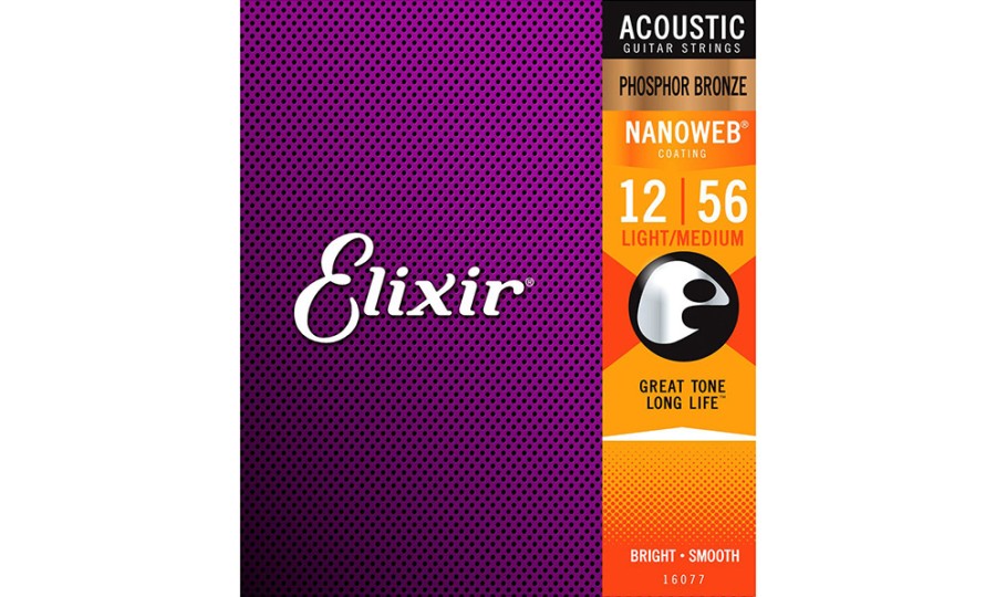 Elixir 16077 NANOWEB Light/Medium, Струни за акустична китара 12-56, Phosphor Bronze
