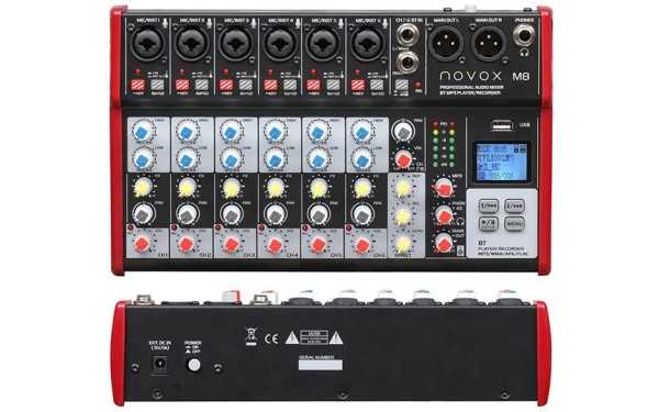 Аудио миксер Novox M8 MKII, 8 канала, Вградени ефекти, Bluetooth/MP3