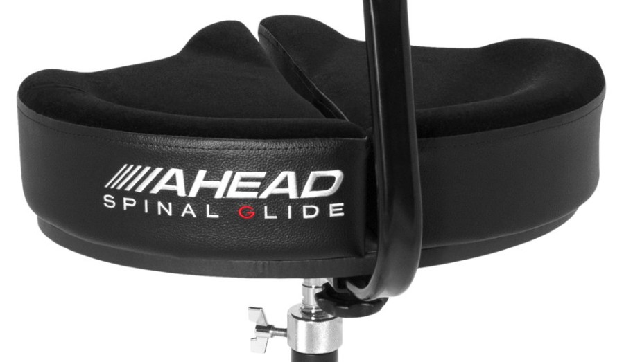 Ahead Drum Thrones - 18" Spinal G Saddle w/ Back Rest, Black Cloth Top/Black Sides, 3 Leg Base, 18" to 24" Adjustment Height, Same as the Standard Spinal -G Thrones but with back rest and 3 -legged stand