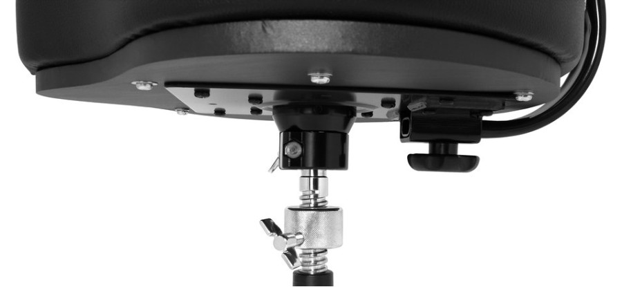 Ahead Drum Thrones - 18" Spinal G Saddle w/ Back Rest, Black Cloth Top/Black Sides, 3 Leg Base, 18" to 24" Adjustment Height, Same as the Standard Spinal -G Thrones but with back rest and 3 -legged stand
