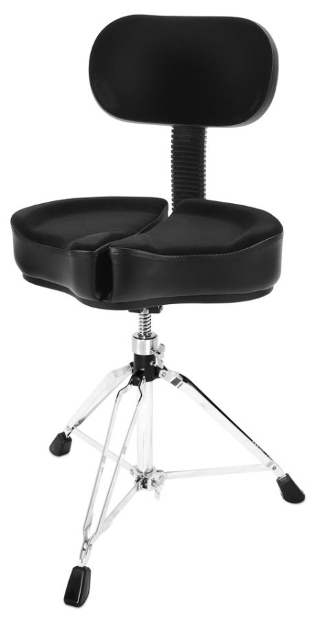 Ahead Drum Thrones - 18" Spinal G Saddle w/ Back Rest, Black Cloth Top/Black Sides, 3 Leg Base, 18" to 24" Adjustment Height, Same as the Standard Spinal -G Thrones but with back rest and 3 -legged stand