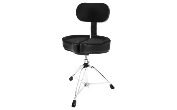 Ahead Drum Thrones - 18" Spinal G Saddle w/ Back Rest, Black Cloth Top/Black Sides, 3 Leg Base, 18" to 24" Adjustment Height, Same as the Standard Spinal -G Thrones but with back rest and 3 -legged stand