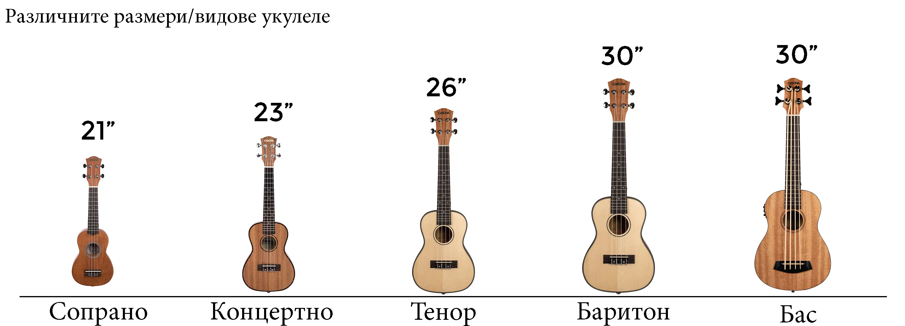 Различните видове/размери укулеле