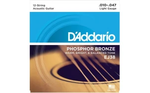 Daddario EJ38, Струни за 12 струнна акустична китара 10-47, Phosphor Bronze