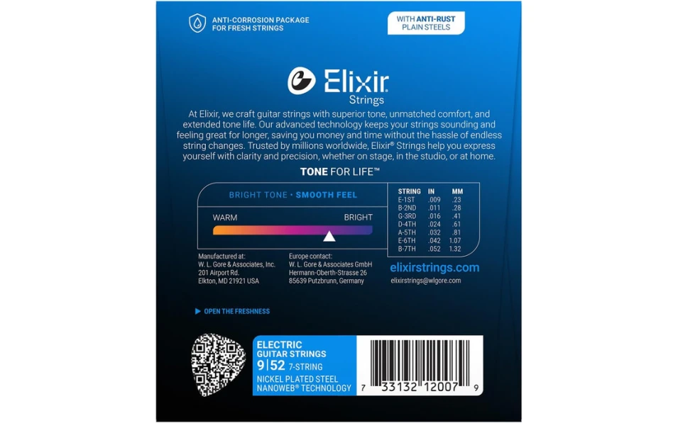 Elixir 12007 NANOWEB Light, Струни за 7 струнна електрическа китара 09-52