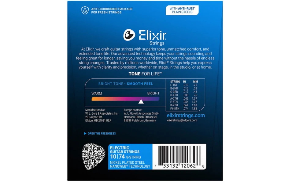 Elixir 12062 NANOWEB Light, Струни за 8 струнна електрическа китара 10-74