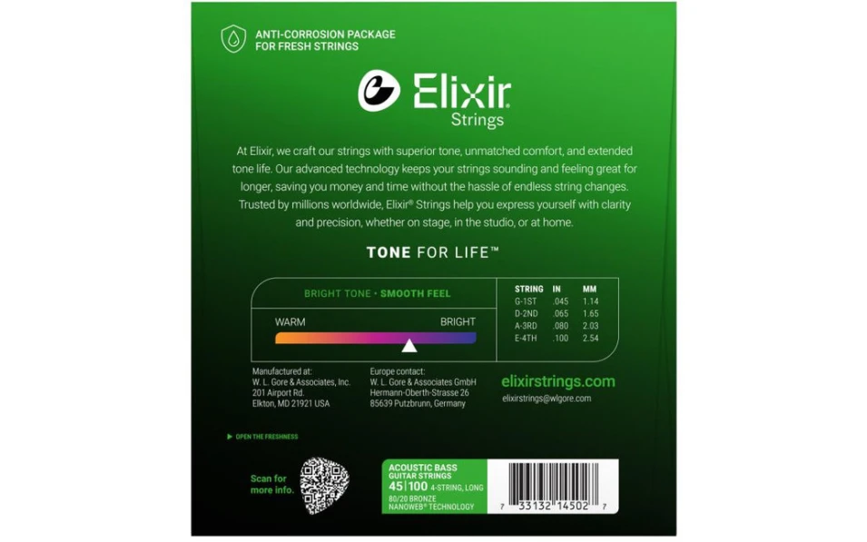 Elixir 14502 NANOWEB Acoustic Bass Light 45-100, Струни за 4 струнна бас китара 45-100