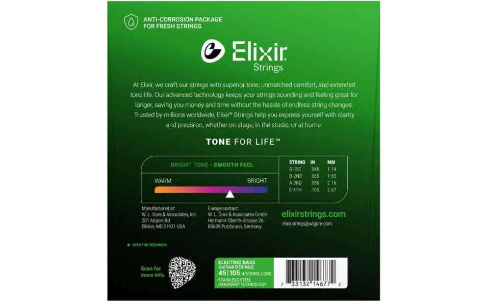 Elixir 14677 NANOWEB Medium Long Scale, Струни за 4 струнна бас китара 45-105 