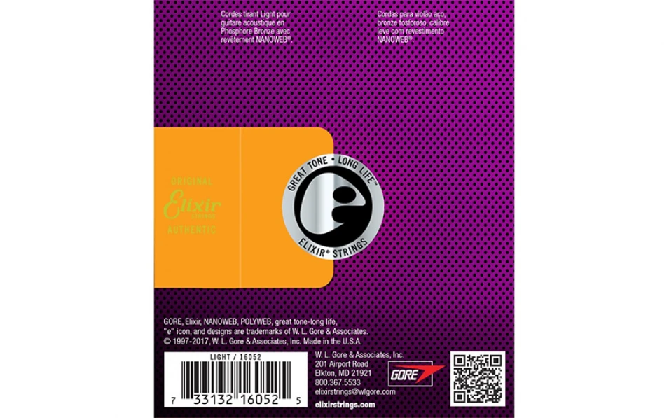 Elixir 16052 NANOWEB Light, Струни за акустична китара 12-53, Phosphor Bronze
