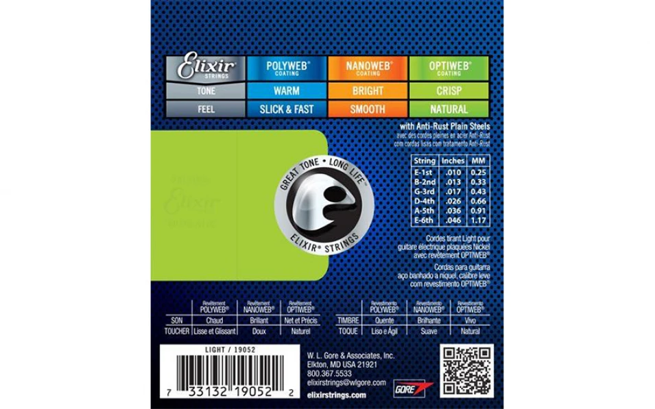 Elixir 19052 OPTIWEB Light, Струни за електрическа китара 10-46