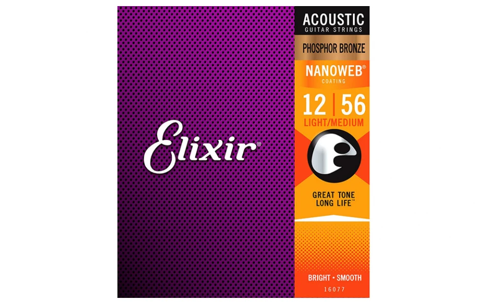 Elixir 16077 NANOWEB Light/Medium, Струни за акустична китара 12-56, Phosphor Bronze
