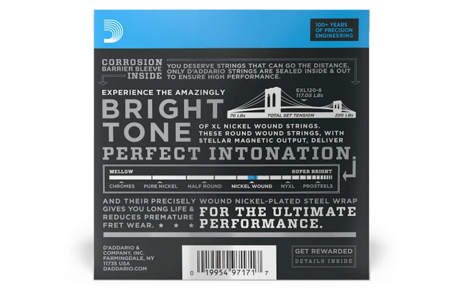 Daddario EXL120-8, Струни за 8 струнна електрическа китара, Размер 09-65