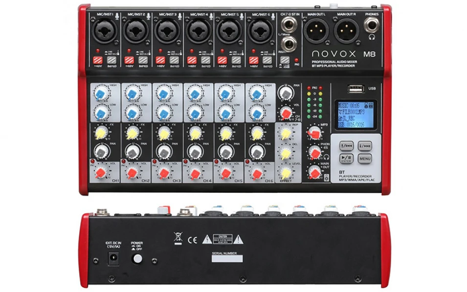 Аудио миксер Novox M8 MKII, 8 канала, Вградени ефекти, Bluetooth/MP3